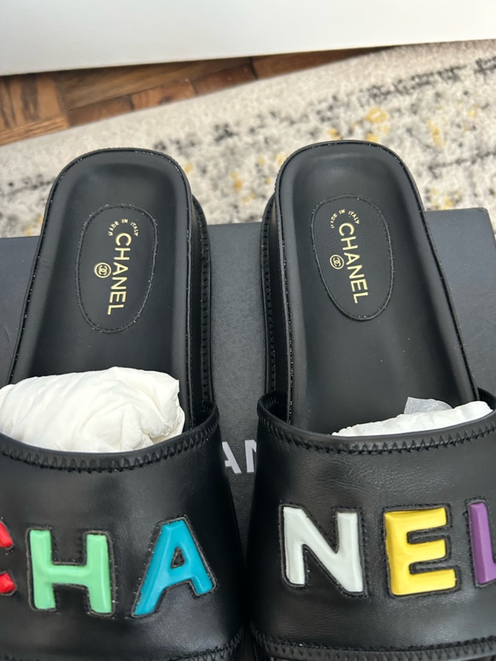 CHANEL Black Leather Slide Sandals with Multicolor Lettering - Picture 3 of 7